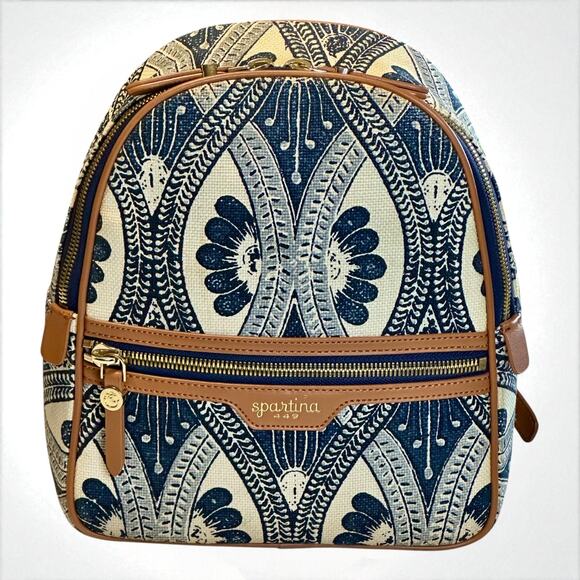 Spartina 449 Daufuskie Island Backpack Blue Beige Linen Leather Getaway School - Picture 1 of 12